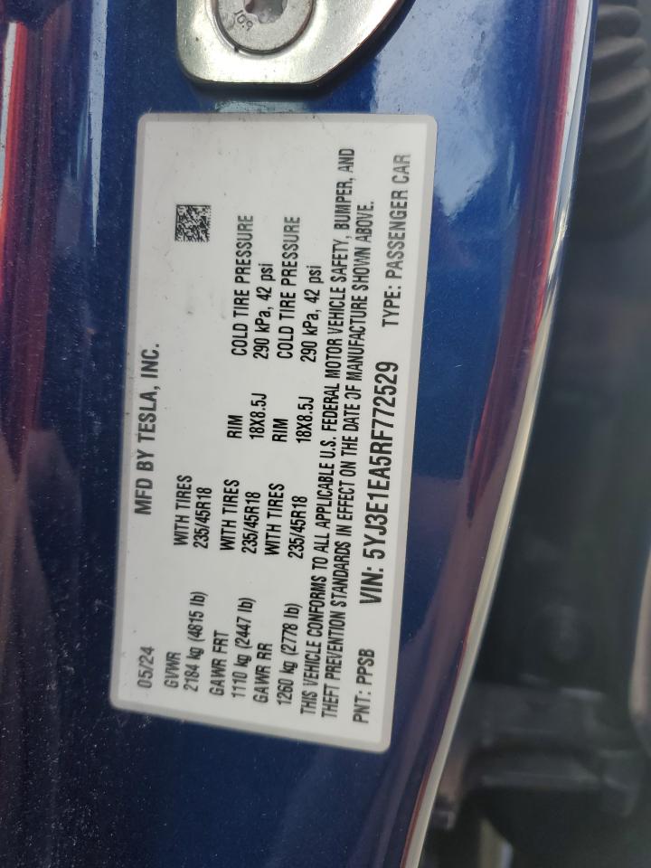 2024 Tesla Model 3 VIN: 5YJ3E1EA5RF772529 Lot: 61613815