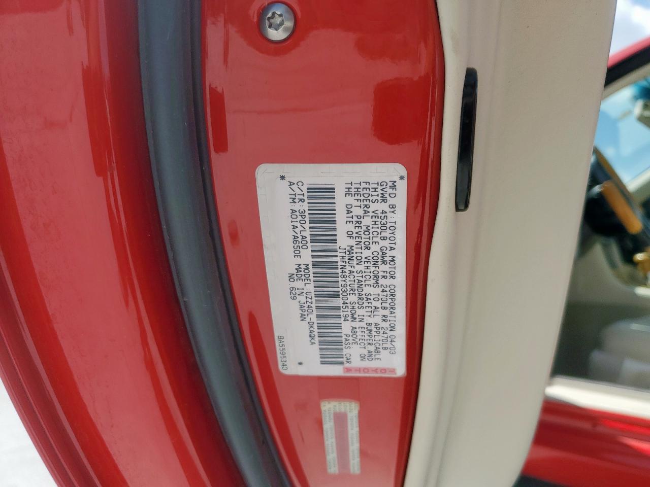 2003 Lexus Sc 430 VIN: JTHFN48Y930045194 Lot: 61288265