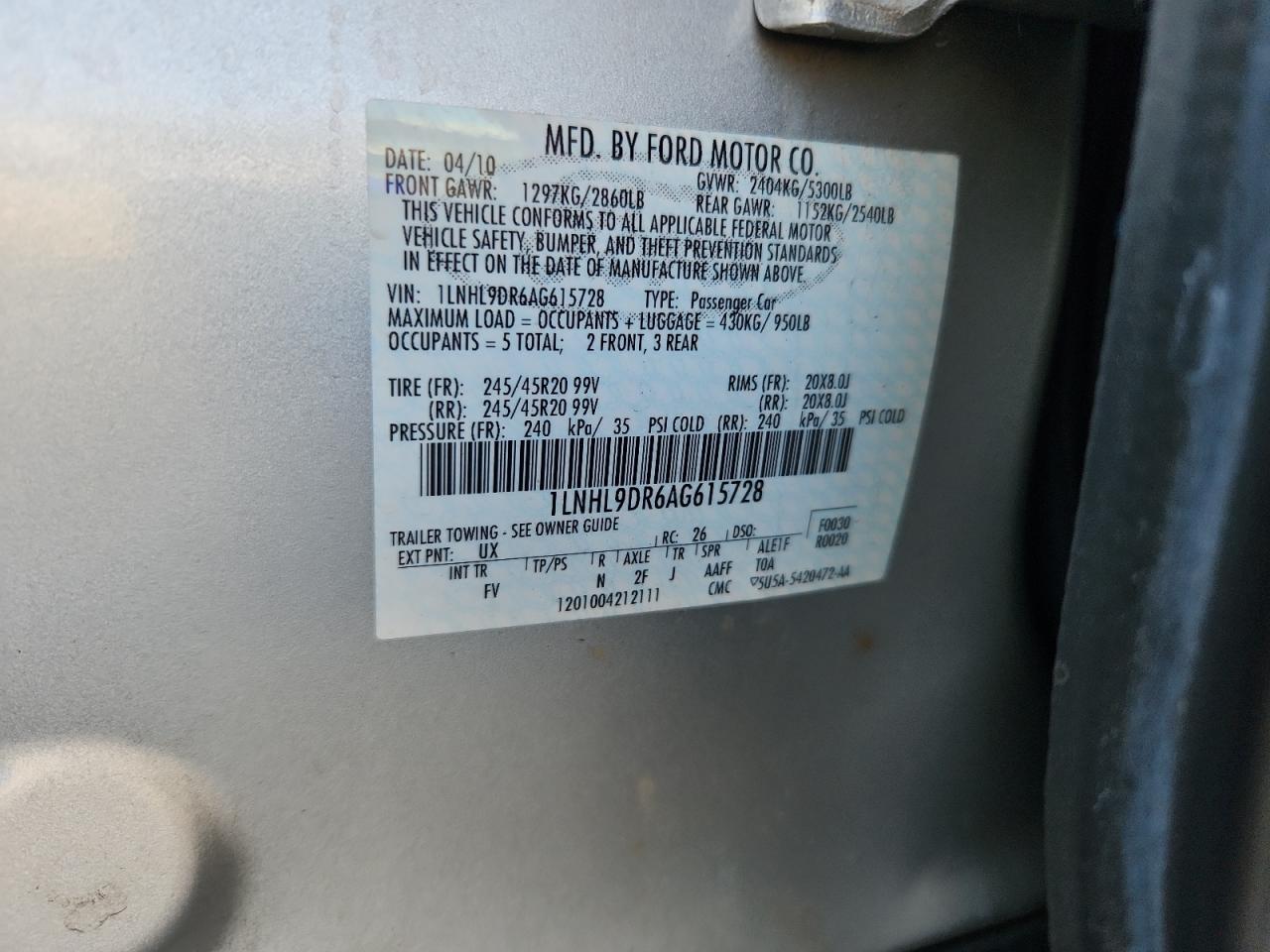 2010 Lincoln Mks VIN: 1LNHL9DR6AG615728 Lot: 62092715
