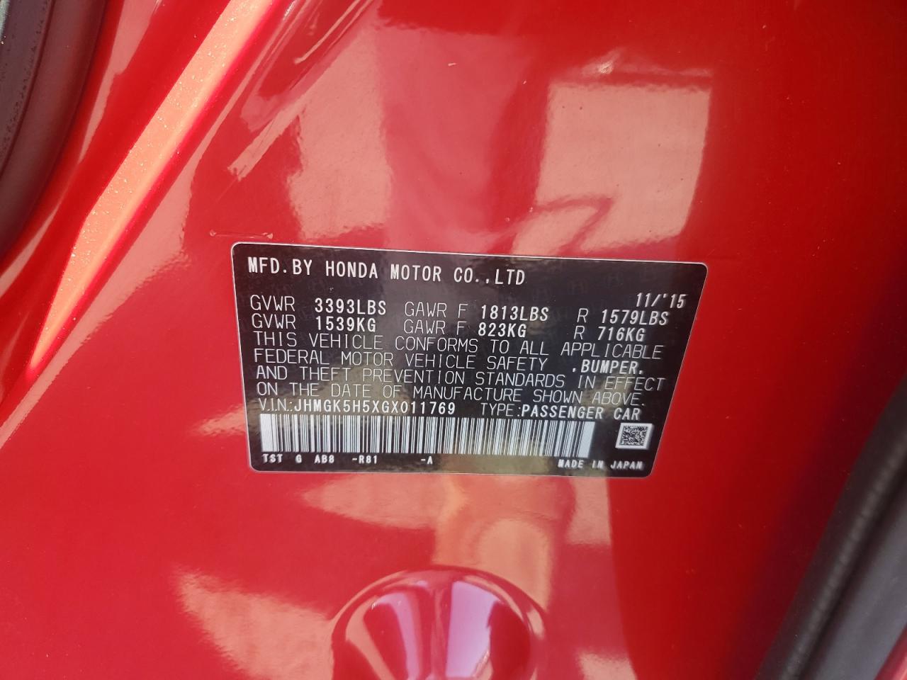 2016 Honda Fit Lx VIN: JHMGK5H5XGX011769 Lot: 61308365