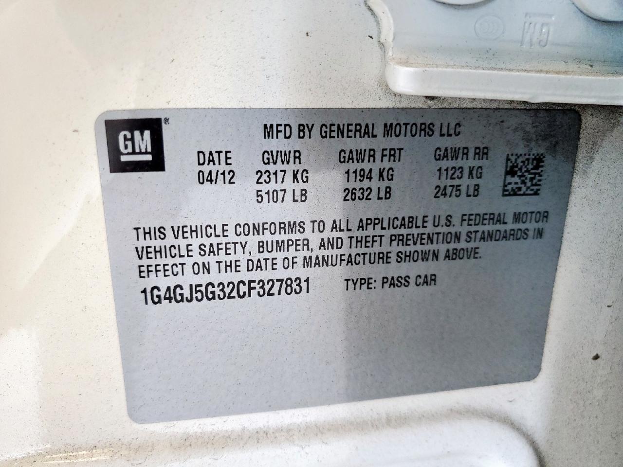 2012 Buick Lacrosse Touring VIN: 1G4GJ5G32CF327831 Lot: 62168275
