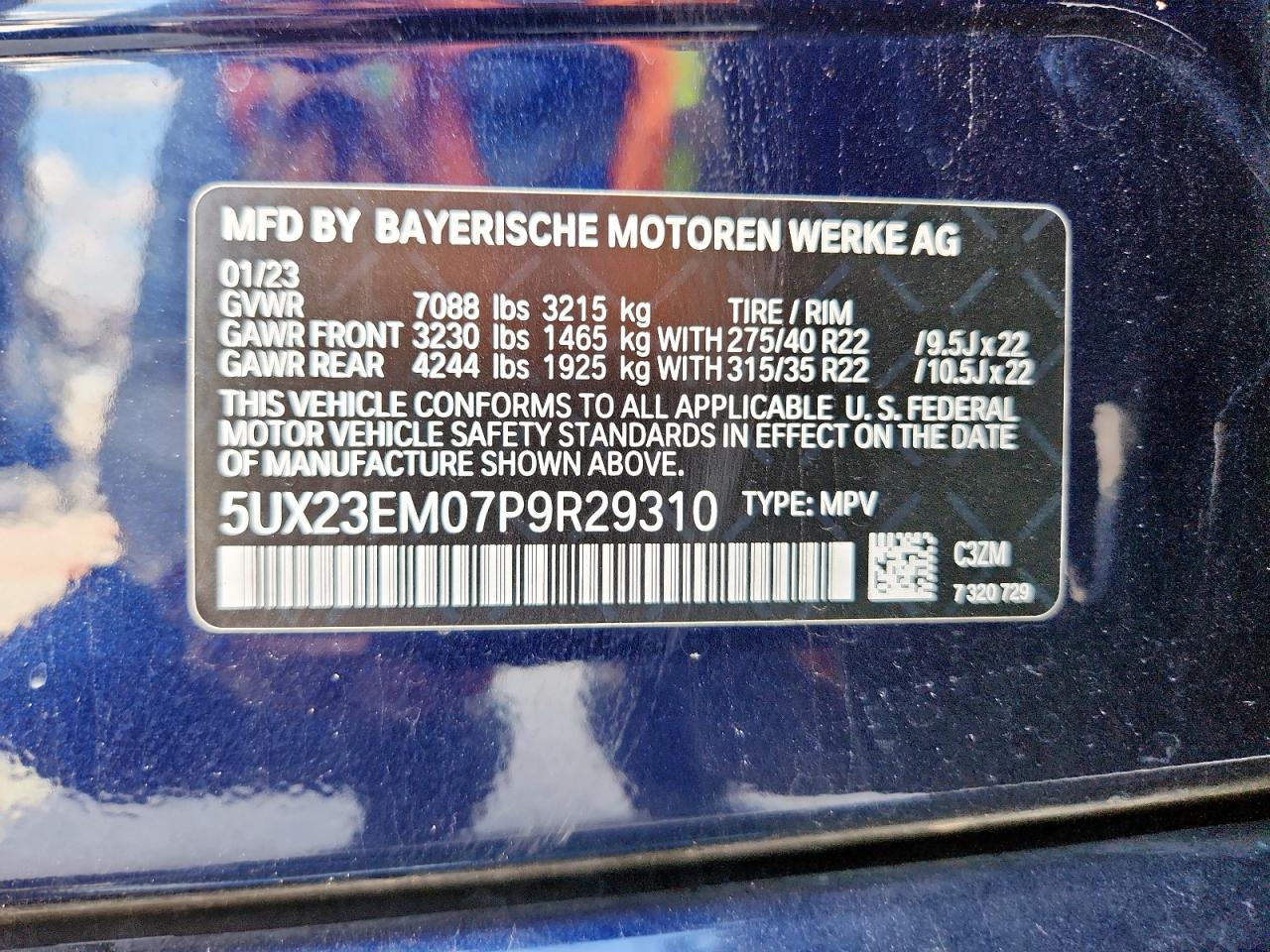 2023 BMW X7 xDrive40I VIN: 5UX23EM07P9R29310 Lot: 59986495