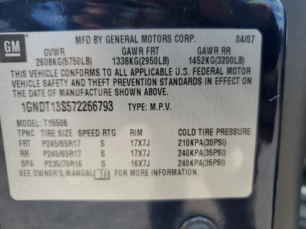2007 Chevrolet Trailblazer Ls VIN: 1GNDT13S572266793 Lot: 62178795
