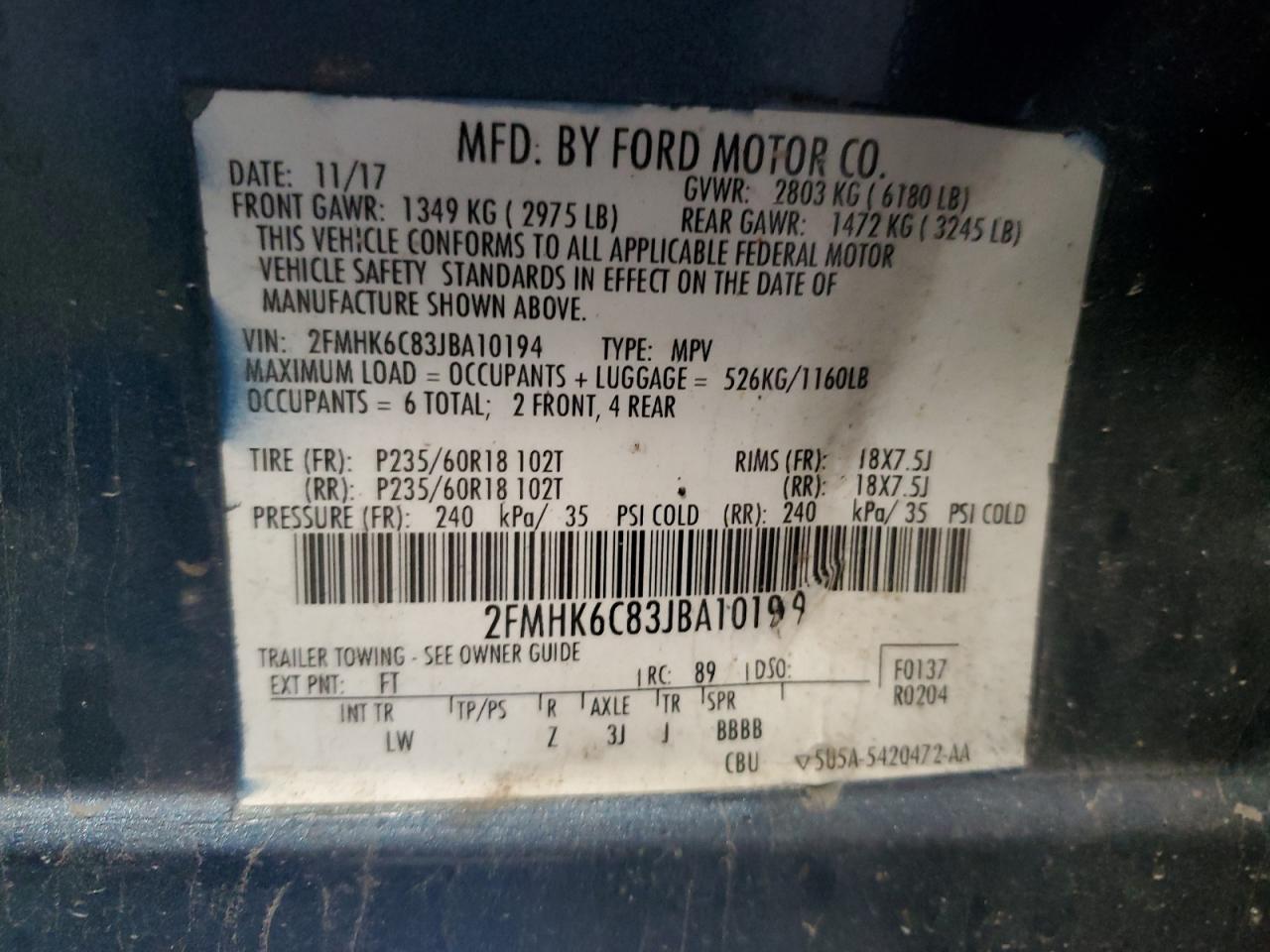 2018 Ford Flex Sel VIN: 2FMHK6C83JBA10194 Lot: 60924325