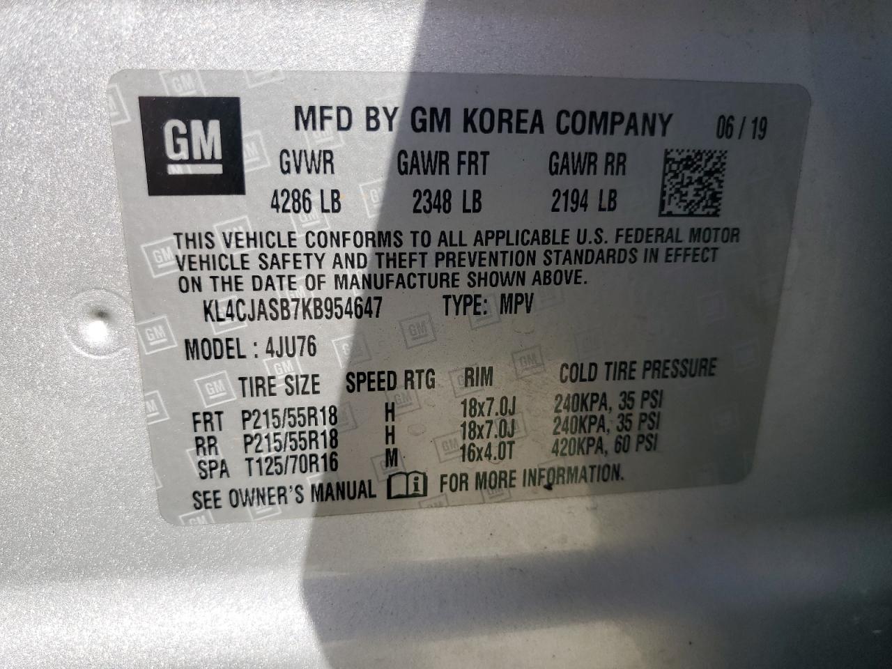 2019 Buick Encore Preferred VIN: KL4CJASB7KB954647 Lot: 62746735