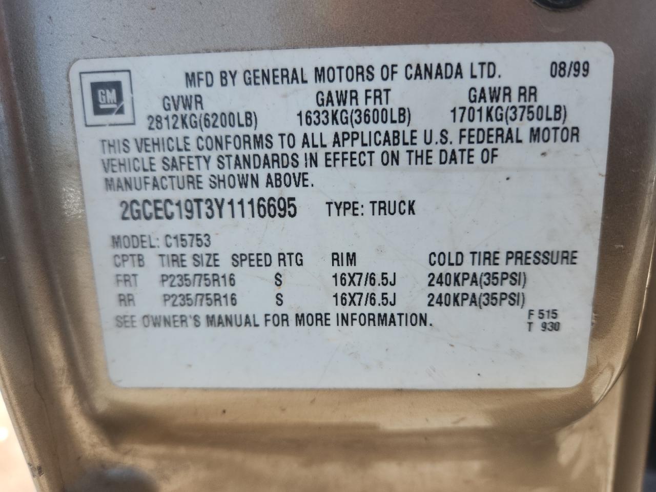 2000 Chevrolet Silverado C1500 VIN: 2GCEC19T3Y1116695 Lot: 59858965