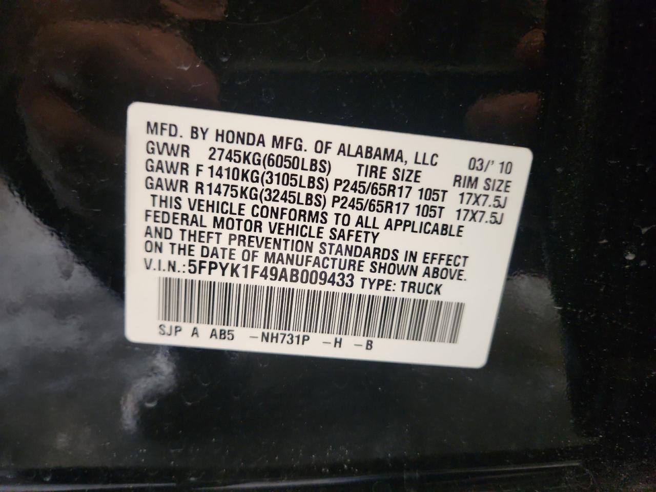 2010 Honda Ridgeline Rts VIN: 5FPYK1F49AB009433 Lot: 62343665