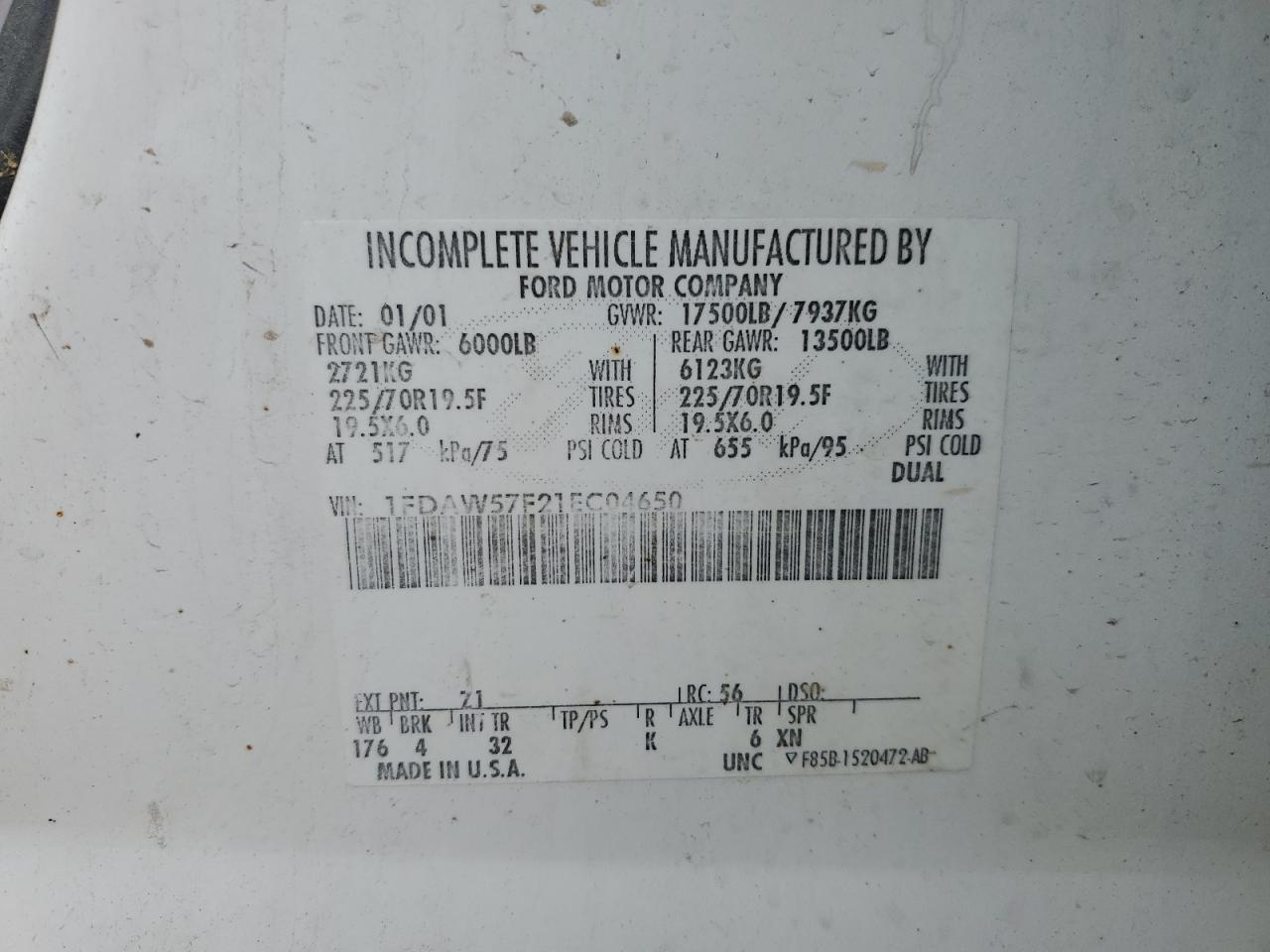 2001 Ford F550 Super Duty VIN: 1FDAW57F21EC04650 Lot: 60737745