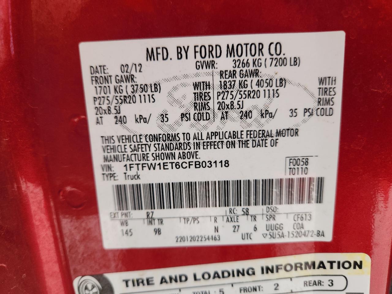 2012 Ford F150 Supercrew VIN: 1FTFW1ET6CFB03118 Lot: 61902225