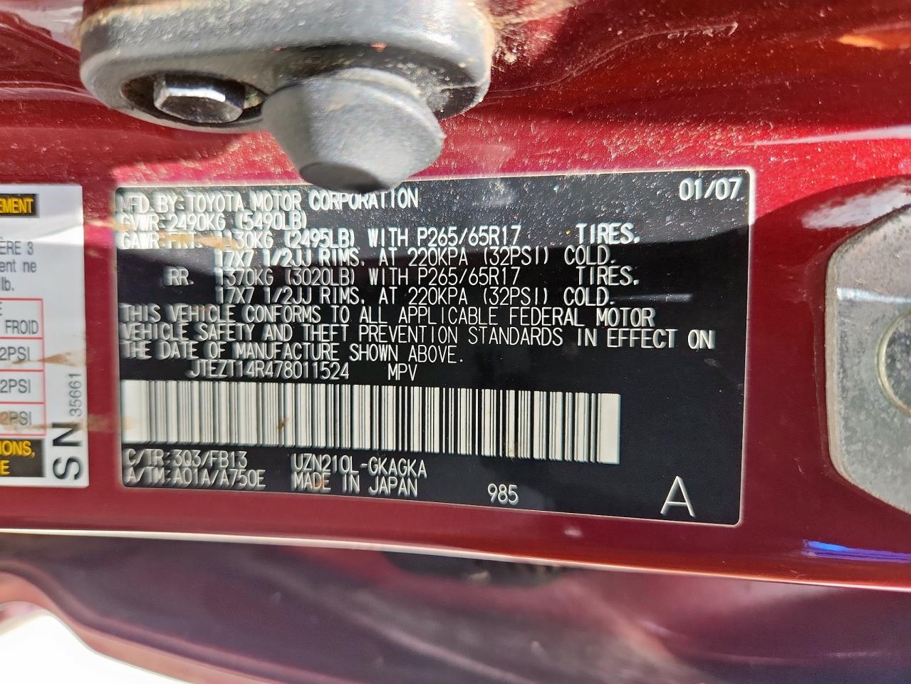 2007 Toyota 4Runner Sr5 VIN: JTEZT14R478011524 Lot: 62020705