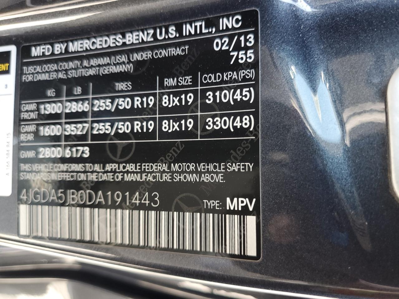 2013 Mercedes-Benz Ml 350 VIN: 4JGDA5JB0DA191443 Lot: 61502545
