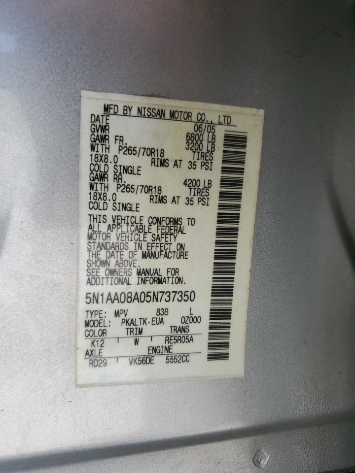 2005 Nissan Armada Se VIN: 5N1AA08A05N737350 Lot: 62410795