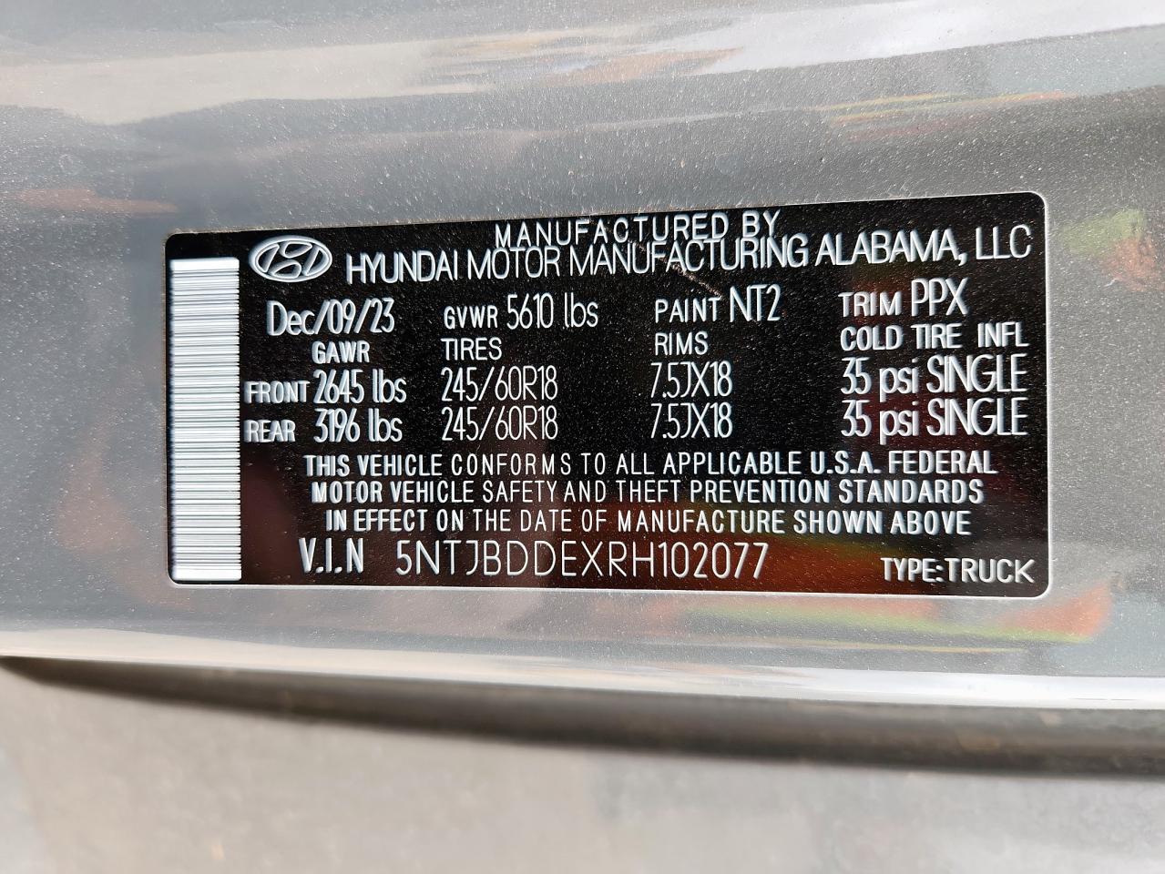 2024 Hyundai Santa Cruz Sel VIN: 5NTJBDDEXRH102077 Lot: 60902105