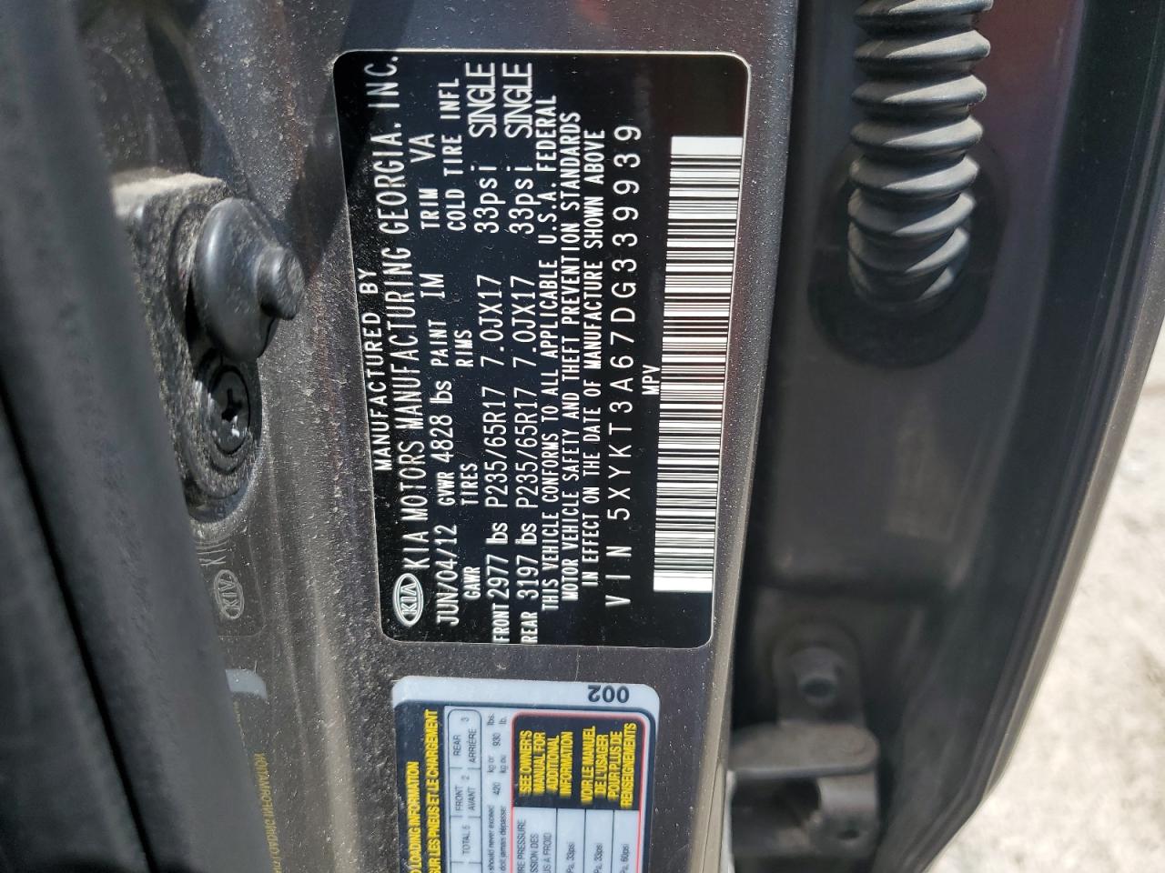 2013 Kia Sorento Lx VIN: 5XYKT3A67DG339939 Lot: 61678535