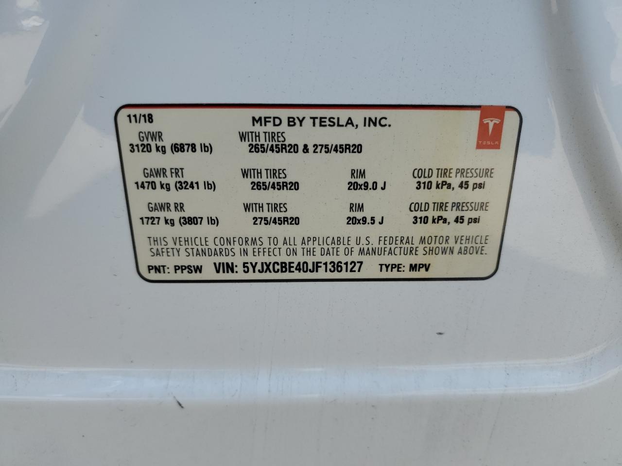 2018 Tesla Model X VIN: 5YJXCBE40JF136127 Lot: 60986185