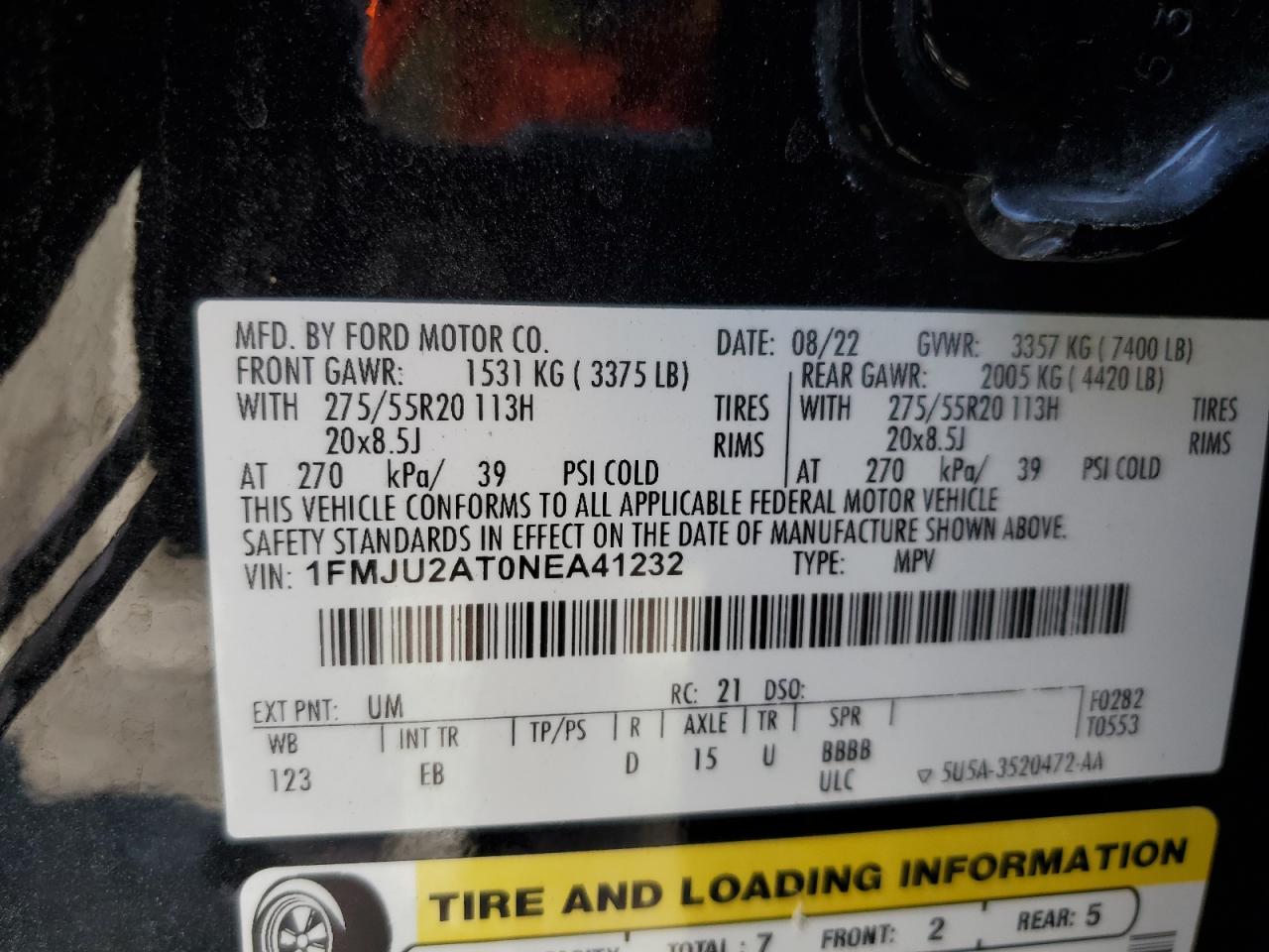 2022 Ford Expedition Limited VIN: 1FMJU2AT0NEA41232 Lot: 62710905
