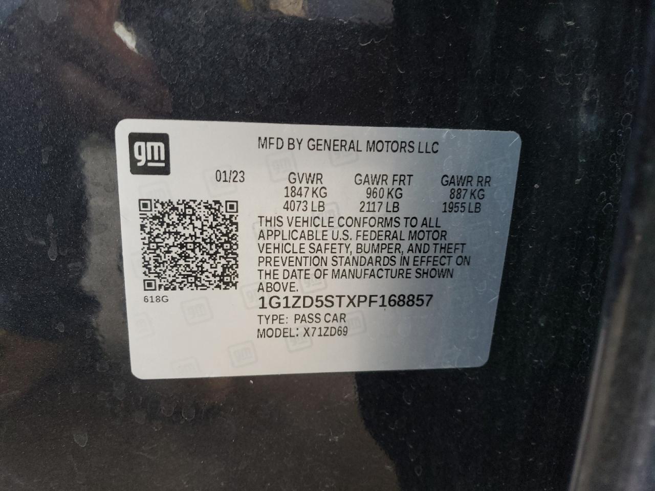 2023 Chevrolet Malibu Lt VIN: 1G1ZD5STXPF168857 Lot: 62376665