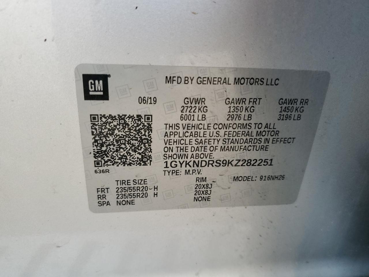 2019 Cadillac Xt5 Luxury VIN: 1GYKNDRS9KZ282251 Lot: 60353915