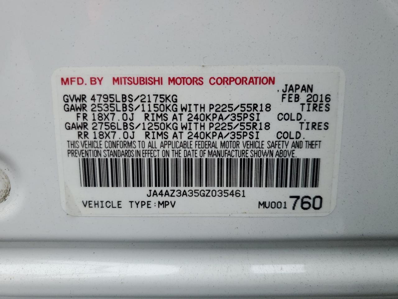 2016 Mitsubishi Outlander Se VIN: JA4AZ3A35GZ035461 Lot: 60287355