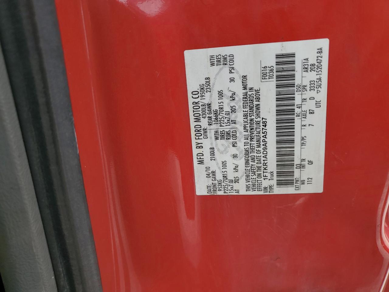 2010 Ford Ranger VIN: 1FTKR1AD9APA57487 Lot: 60731245