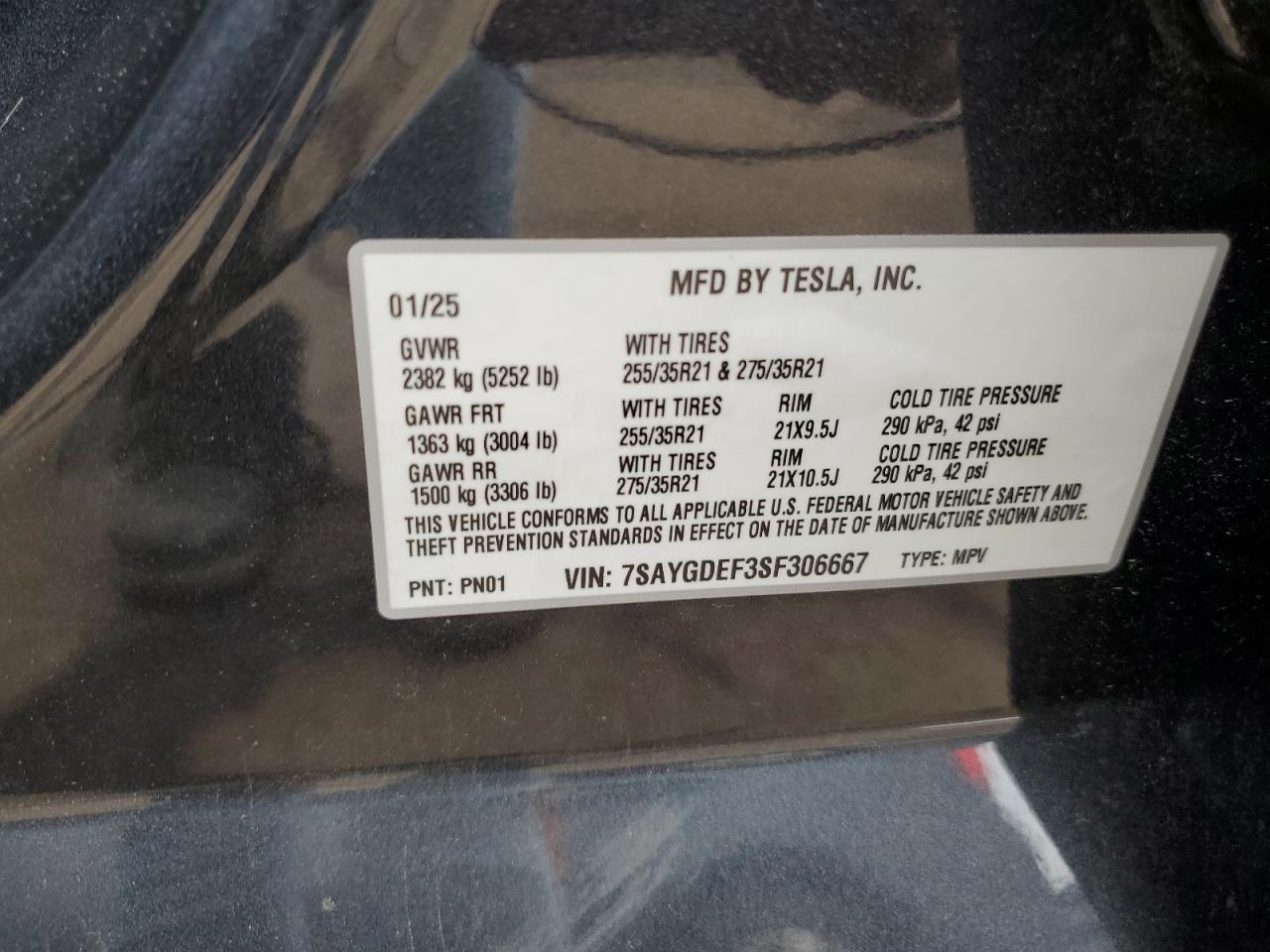 2025 Tesla Model Y VIN: 7SAYGDEF3SF306667 Lot: 62927505