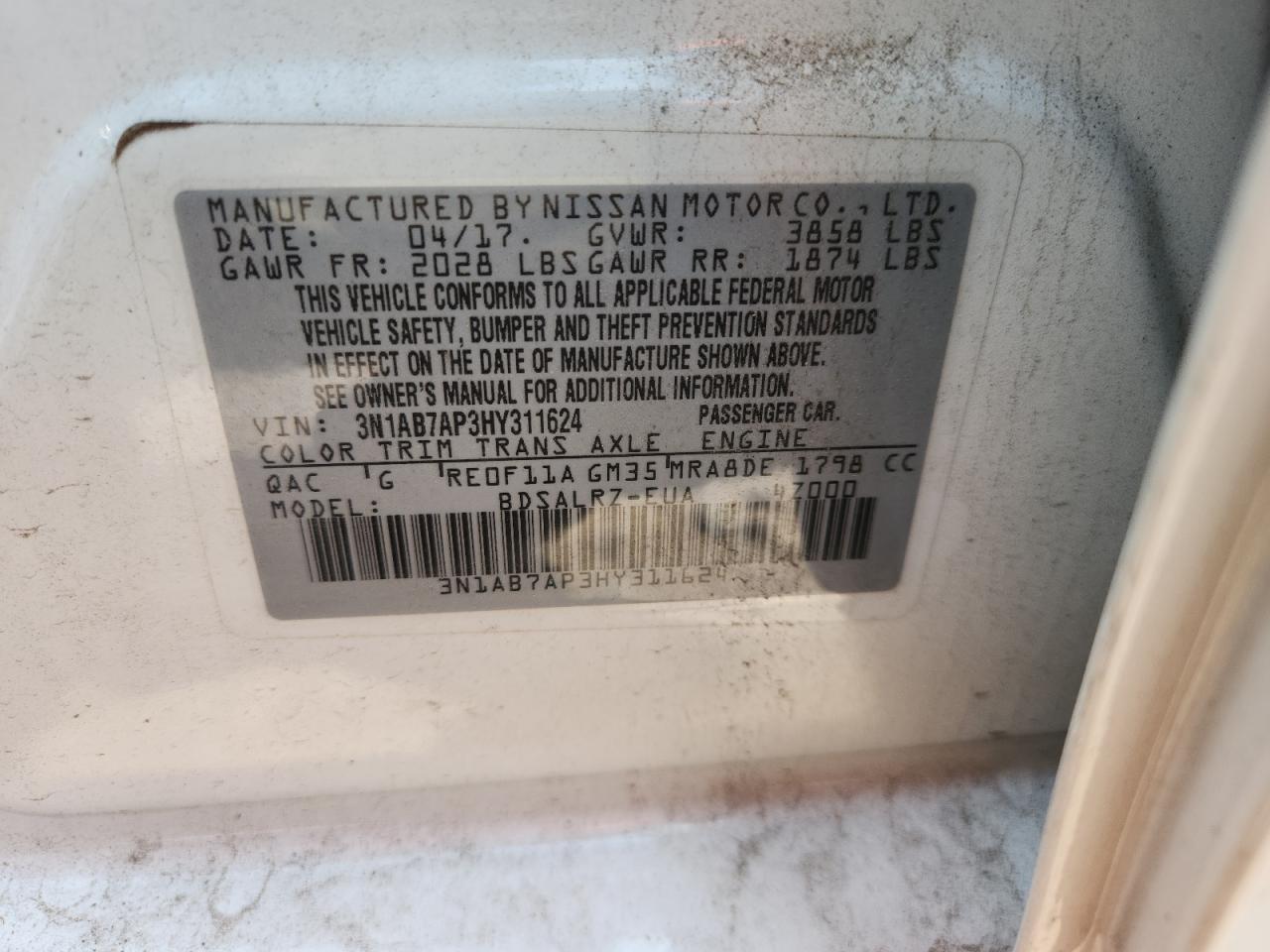 2017 Nissan Sentra S VIN: 3N1AB7AP3HY311624 Lot: 62290675