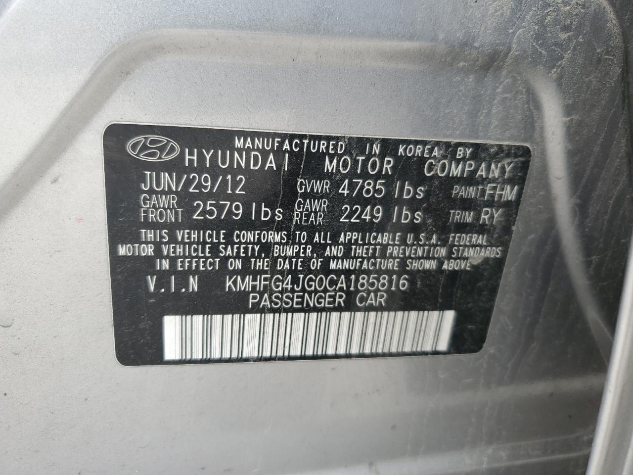 2012 Hyundai Azera Gls VIN: KMHFG4JG0CA185816 Lot: 53470495