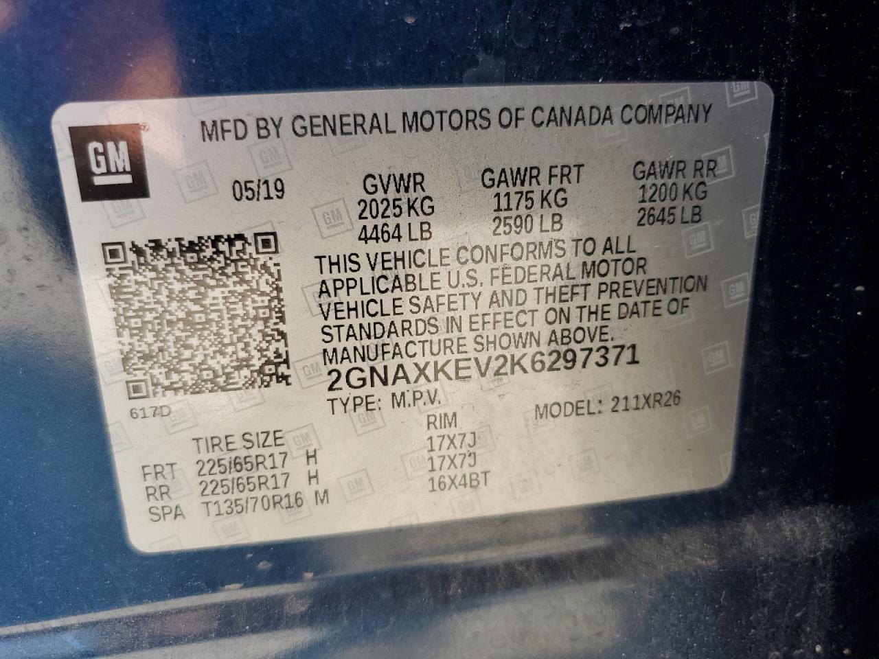 2019 Chevrolet Equinox Lt VIN: 2GNAXKEV2K6297371 Lot: 62913265