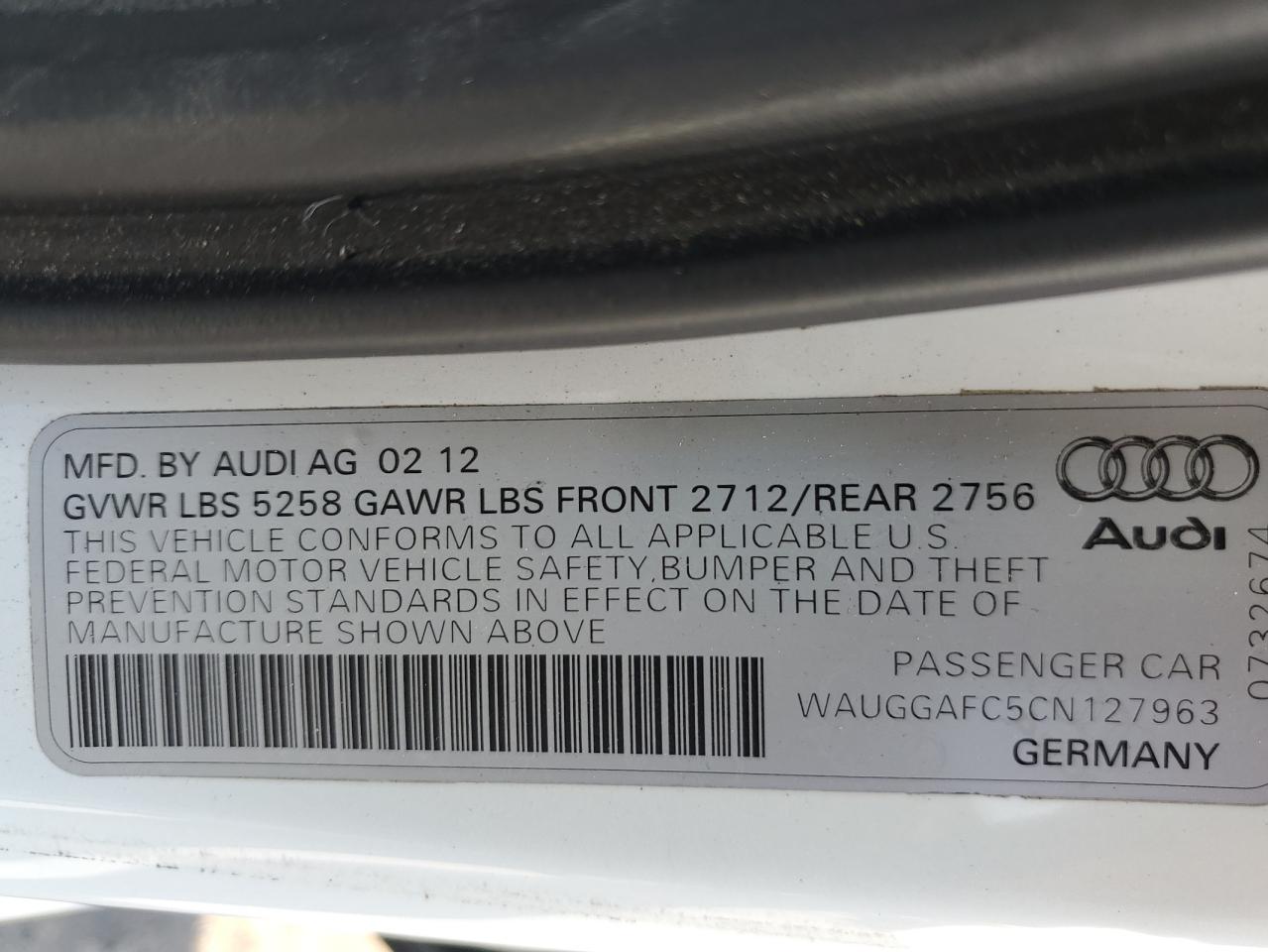 2012 Audi A6 Premium Plus VIN: WAUGGAFC5CN127963 Lot: 63074335