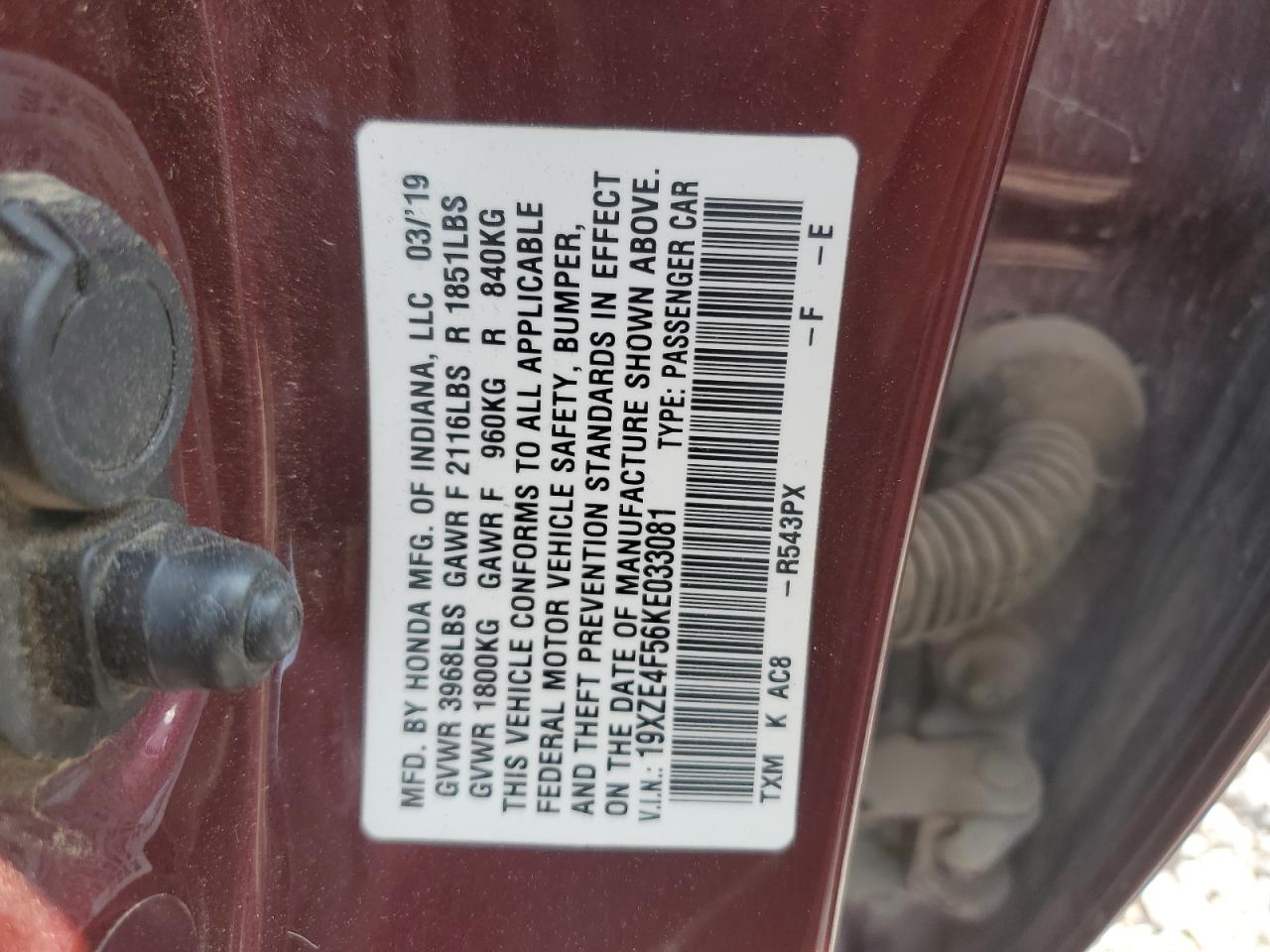 2019 Honda Insight Ex VIN: 19XZE4F56KE033081 Lot: 58915305