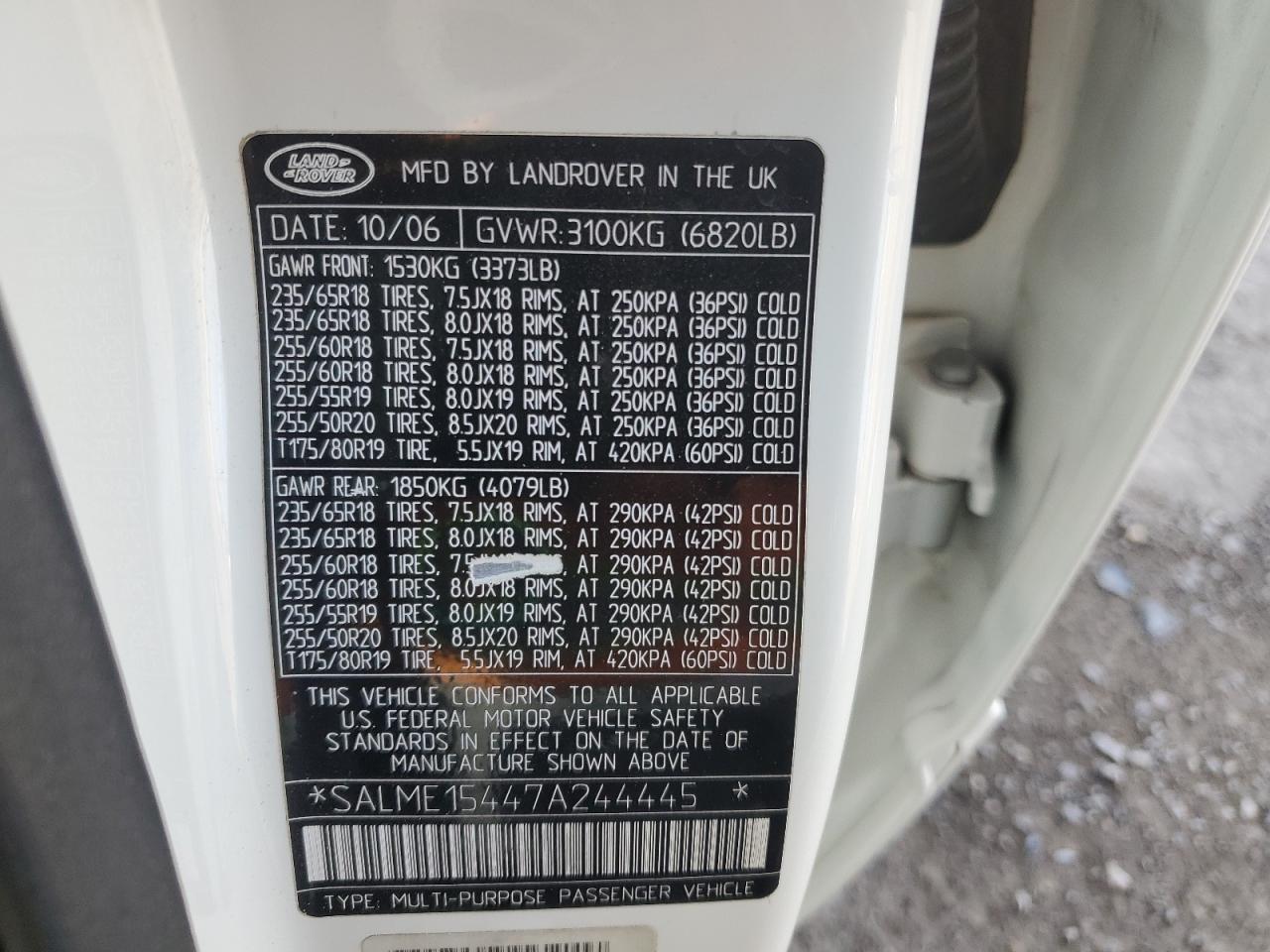 2007 Land Rover Range Rover Hse VIN: SALME15447A244445 Lot: 62119705