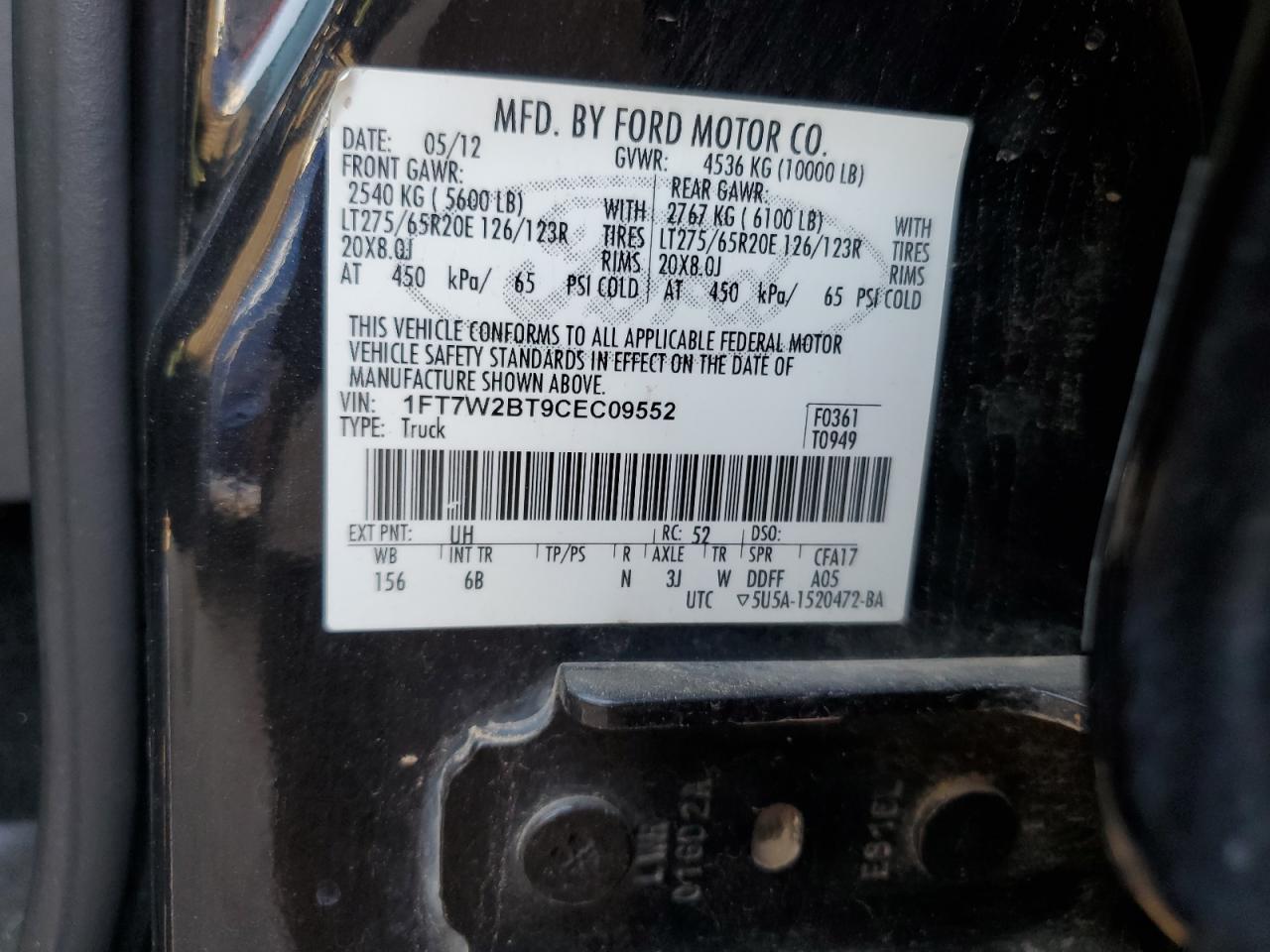 2012 Ford F250 Super Duty VIN: 1FT7W2BT9CEC09552 Lot: 62789795