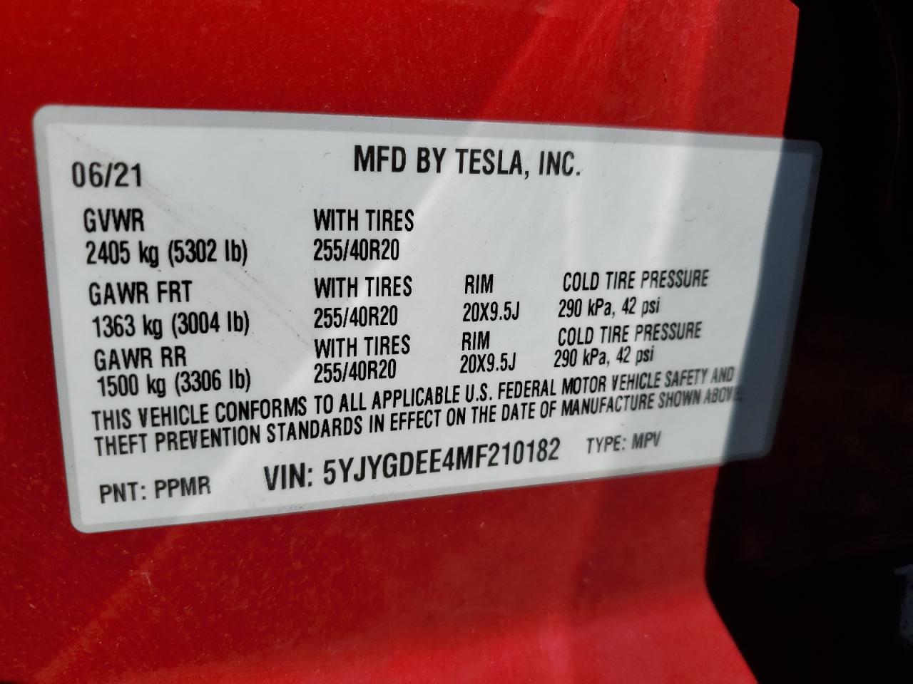 2021 Tesla Model Y VIN: 5YJYGDEE4MF210182 Lot: 59150395