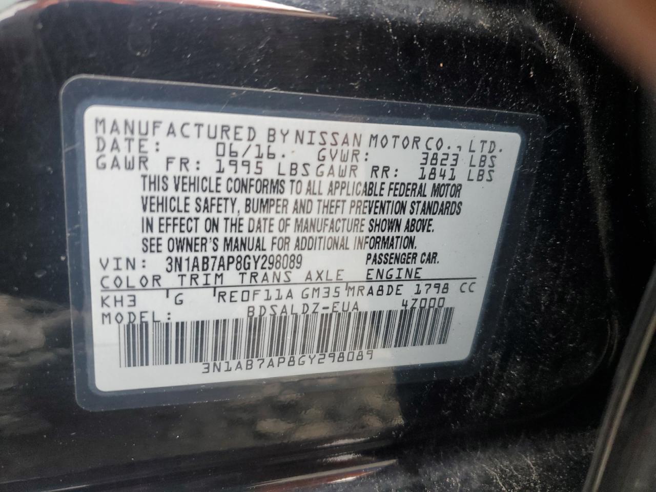 2016 Nissan Sentra S VIN: 3N1AB7AP8GY298089 Lot: 61285355