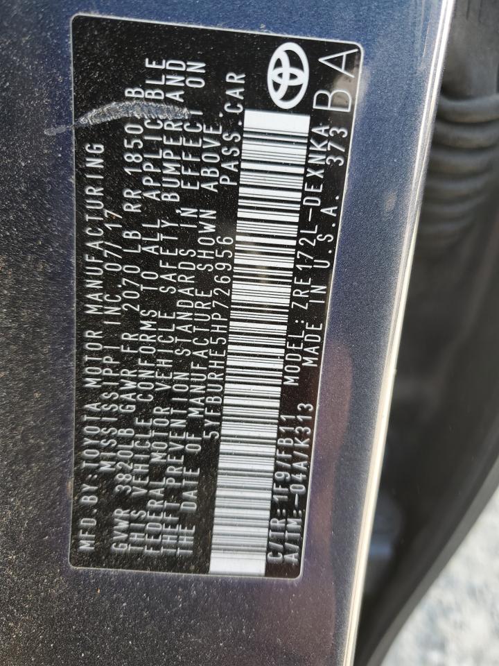 2017 Toyota Corolla L VIN: 5YFBURHE5HP726956 Lot: 62965765