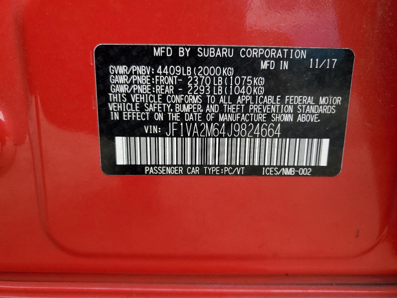 2018 Subaru Wrx Sti VIN: JF1VA2M64J9824664 Lot: 62549795
