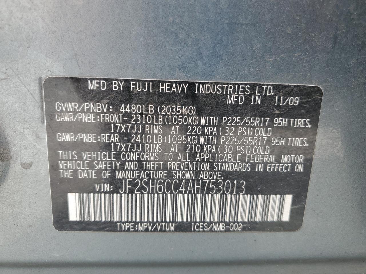 2010 Subaru Forester 2.5X Premium VIN: JF2SH6CC4AH753013 Lot: 60919695