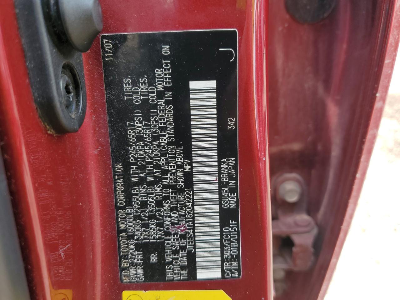 2008 Toyota Highlander VIN: JTEES41A182042221 Lot: 61859645