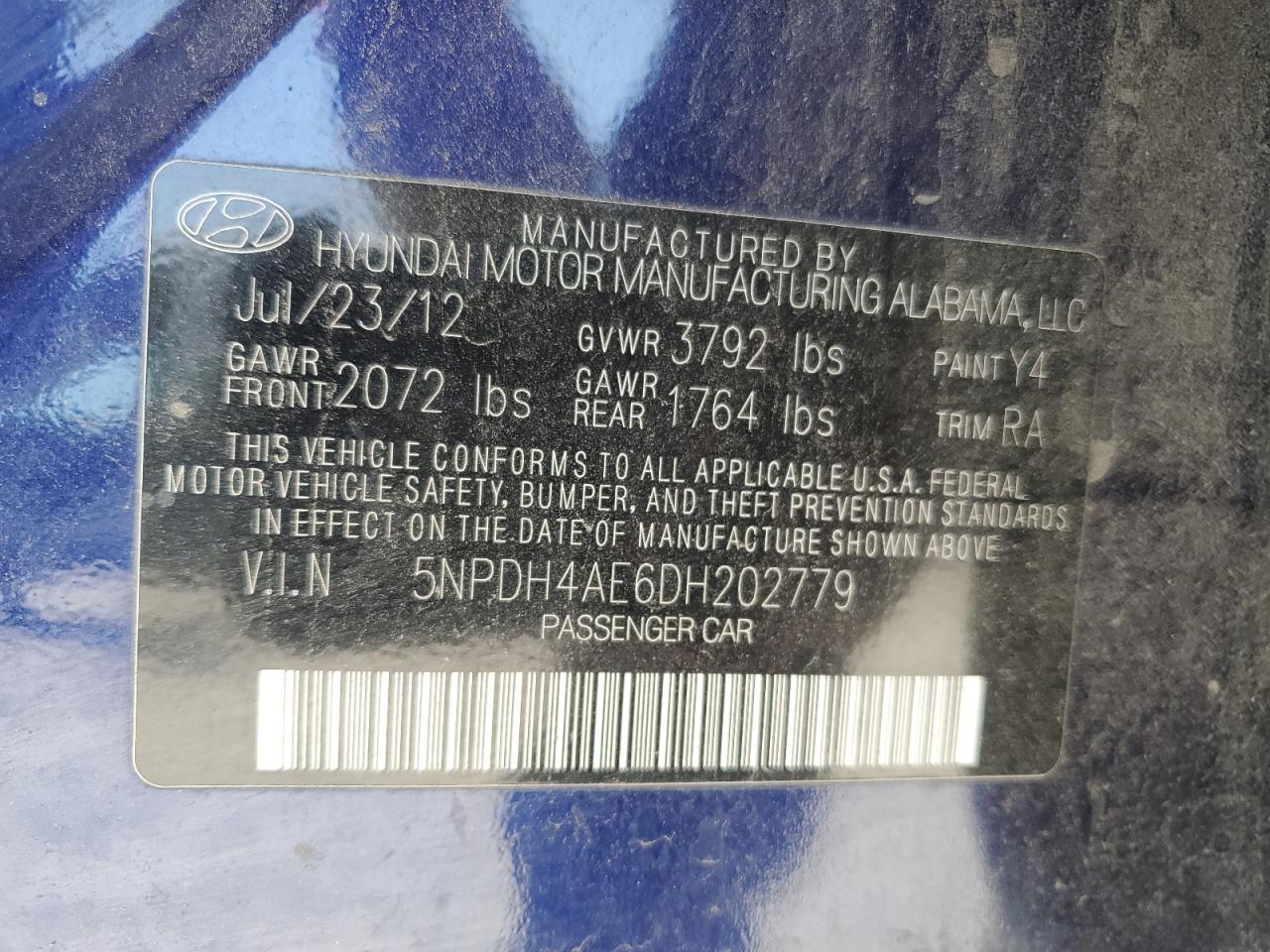 HYUNDAI ELANTRA 2013 VIN 5NPDH4AE6DH202779 zdjęcie 13