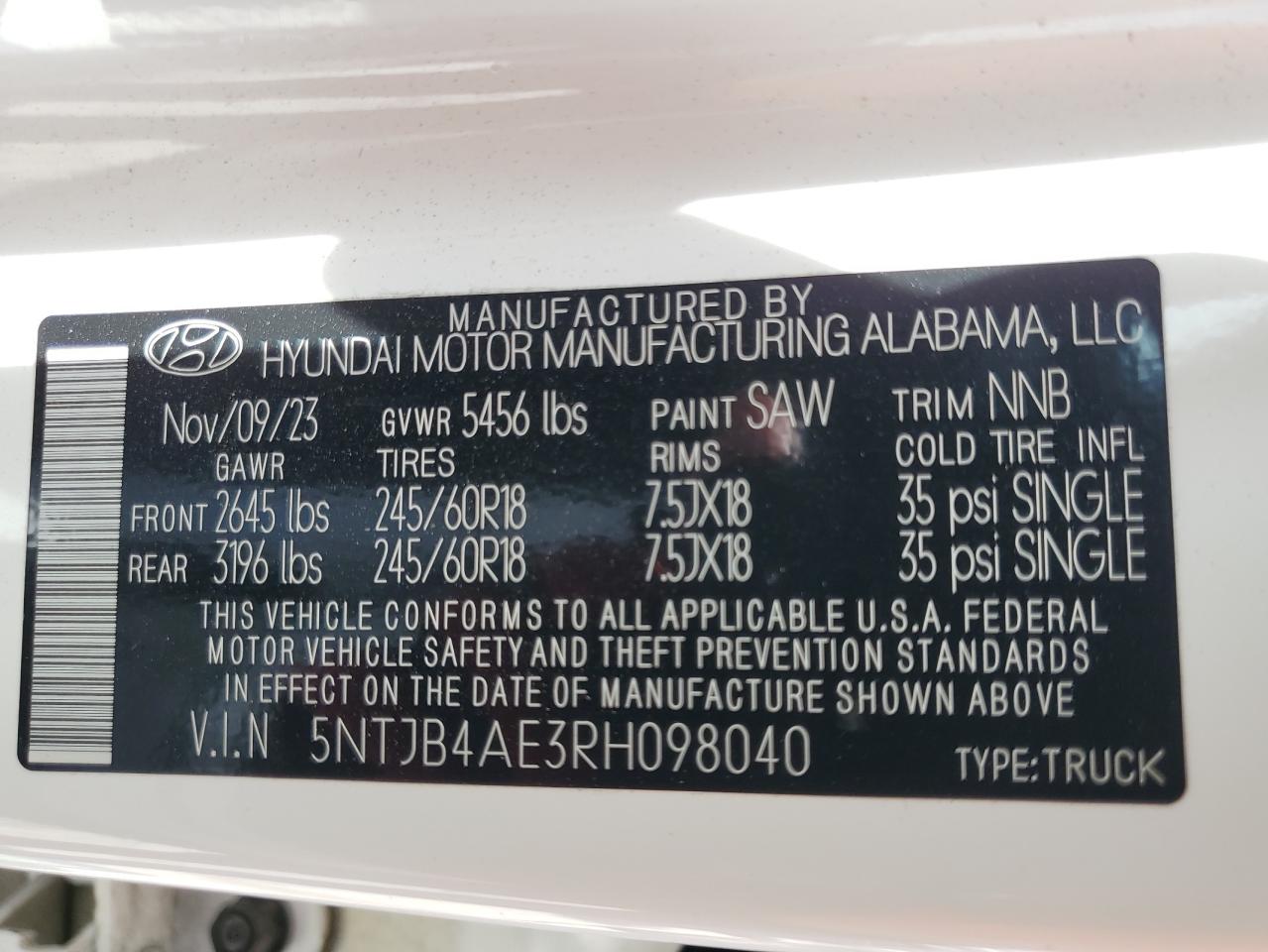 2024 Hyundai Santa Cruz Sel VIN: 5NTJB4AE3RH098040 Lot: 61222165