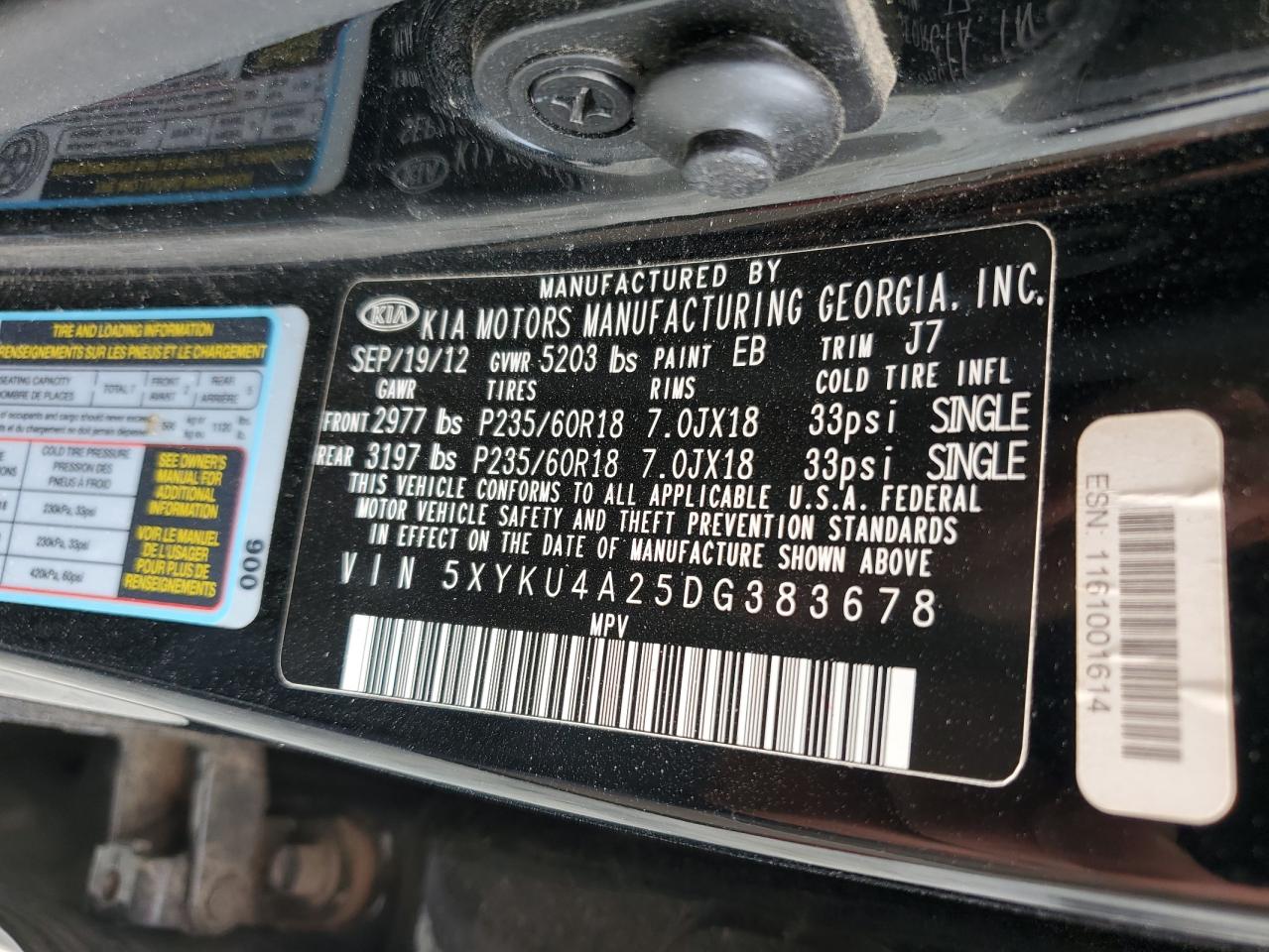 2013 Kia Sorento Ex VIN: 5XYKU4A25DG383678 Lot: 59310405