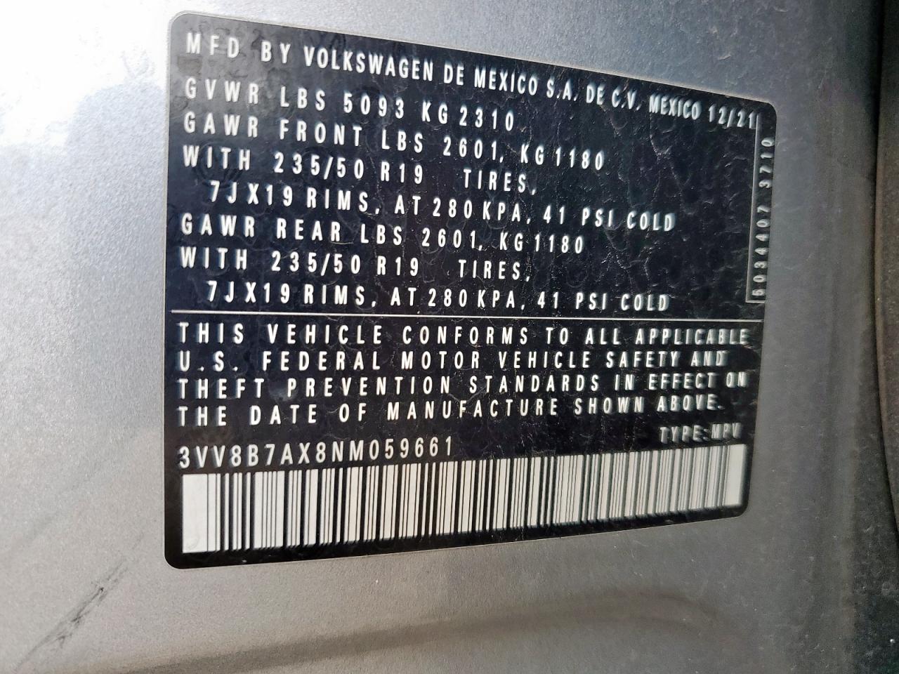 VOLKSWAGEN TIGUAN 2022 VIN 3VV8B7AX8NM059661 zdjęcie 14