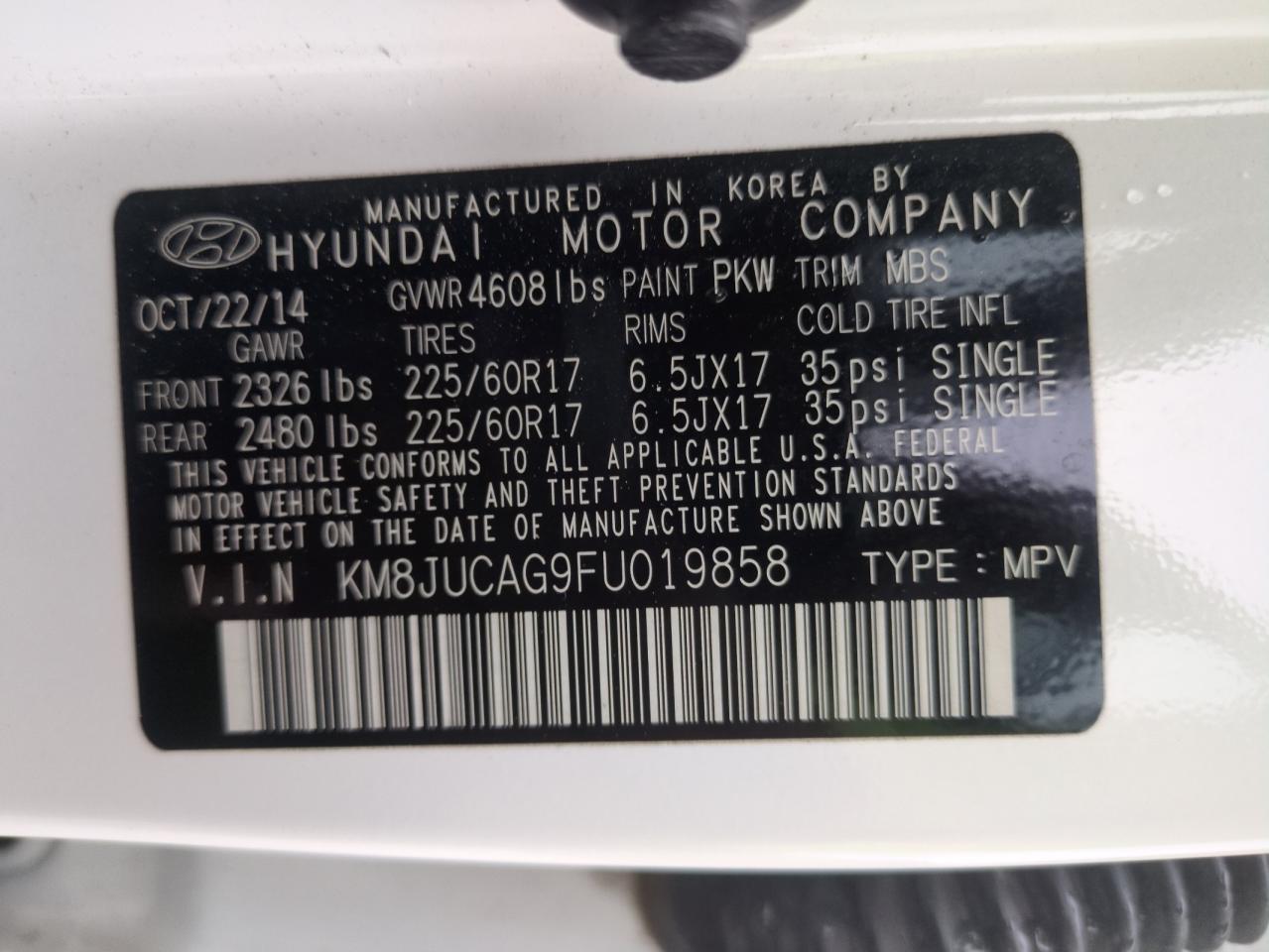 2015 Hyundai Tucson Limited VIN: KM8JUCAG9FU019858 Lot: 62763625