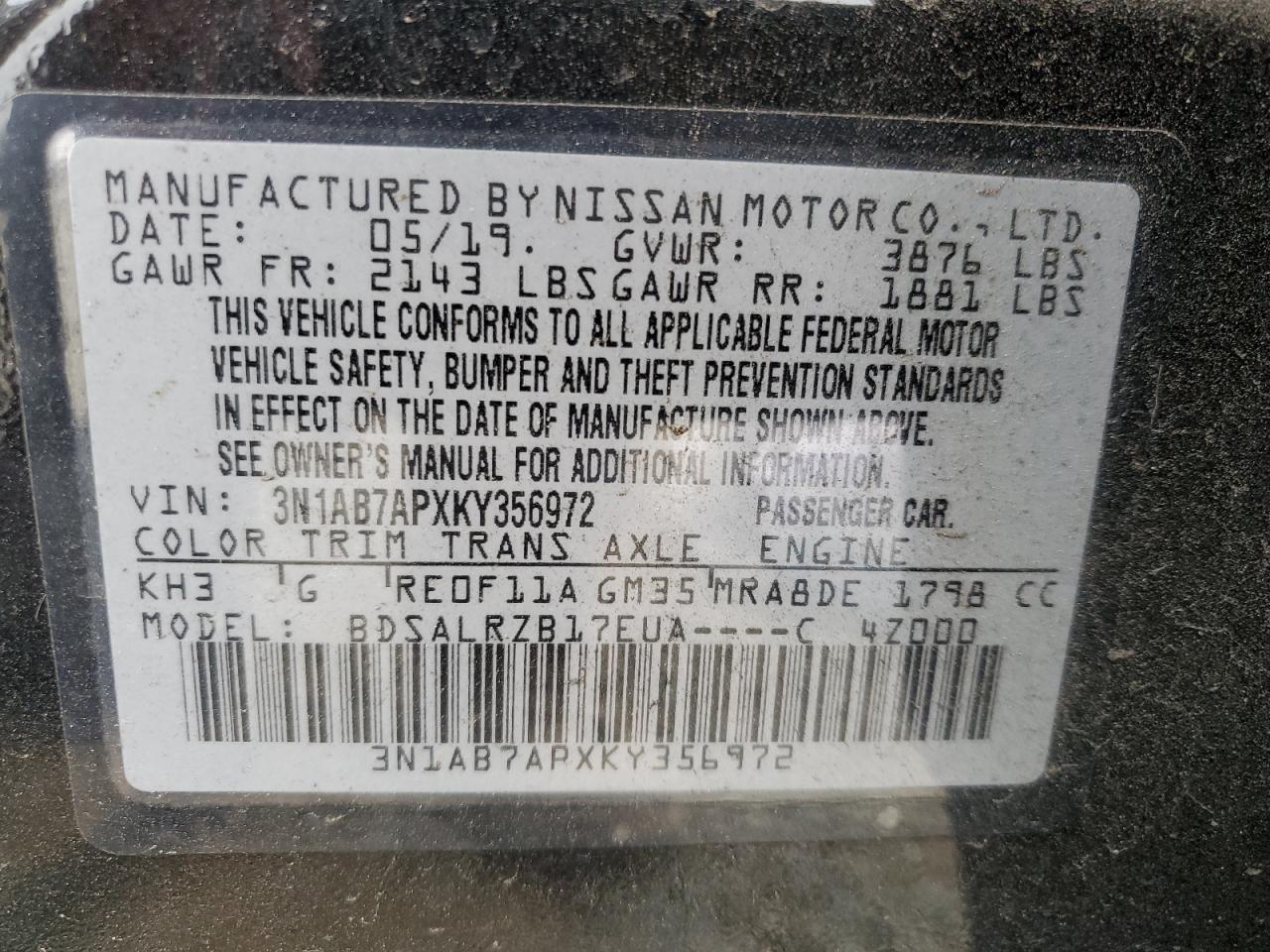 2019 Nissan Sentra S VIN: 3N1AB7APXKY356972 Lot: 57525615