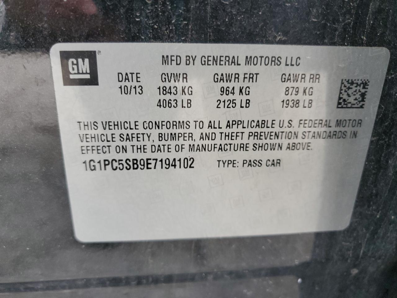 2014 Chevrolet Cruze Lt VIN: 1G1PC5SB9E7194102 Lot: 62862905