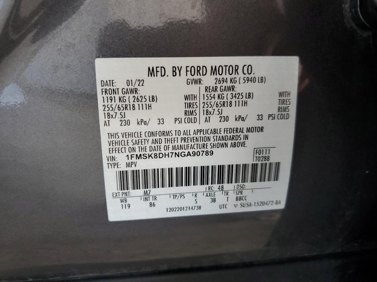 2022 Ford Explorer Xlt VIN: 1FMSK8DH7NGA90789 Lot: 62099775
