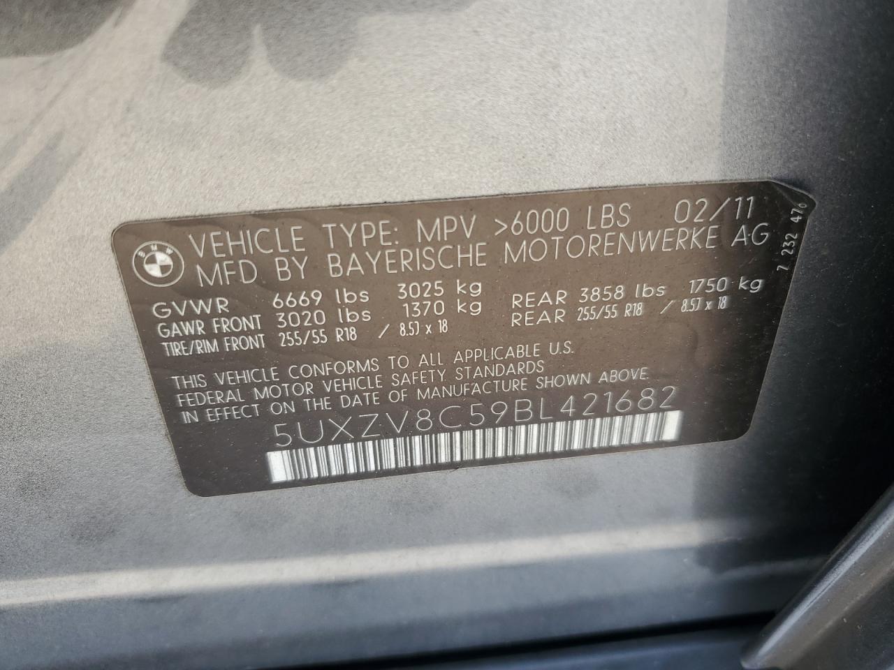 2011 BMW X5 xDrive50I VIN: 5UXZV8C59BL421682 Lot: 59574905
