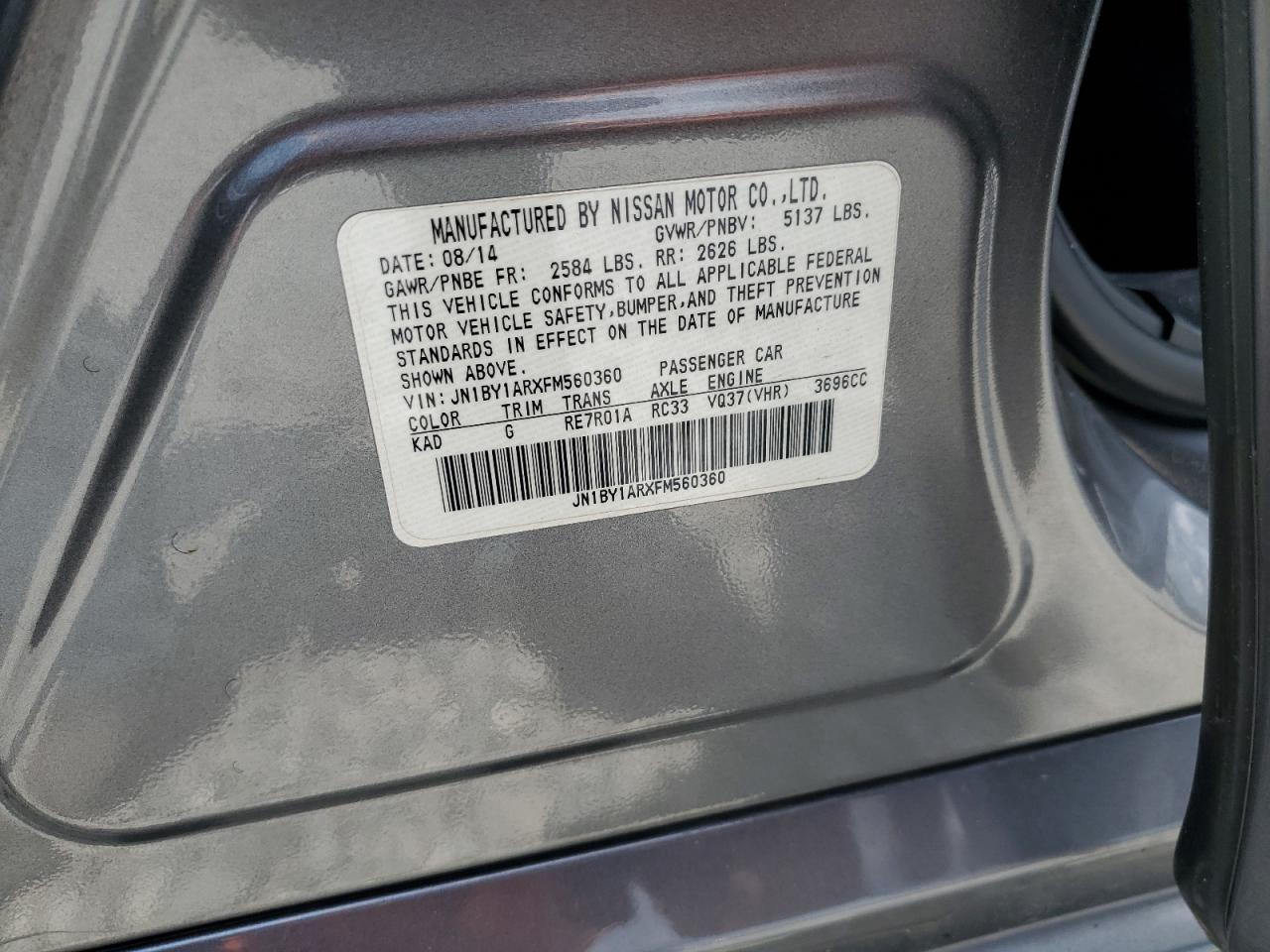 2015 Infiniti Q70 3.7 VIN: JN1BY1ARXFM560360 Lot: 63076925