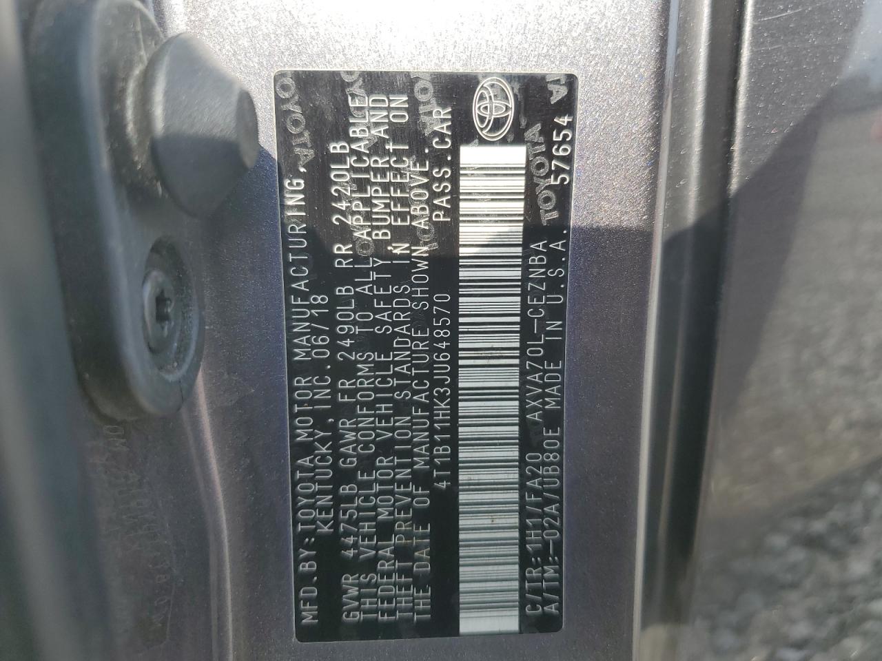 2018 Toyota Camry L VIN: 4T1B11HK3JU648570 Lot: 62211615