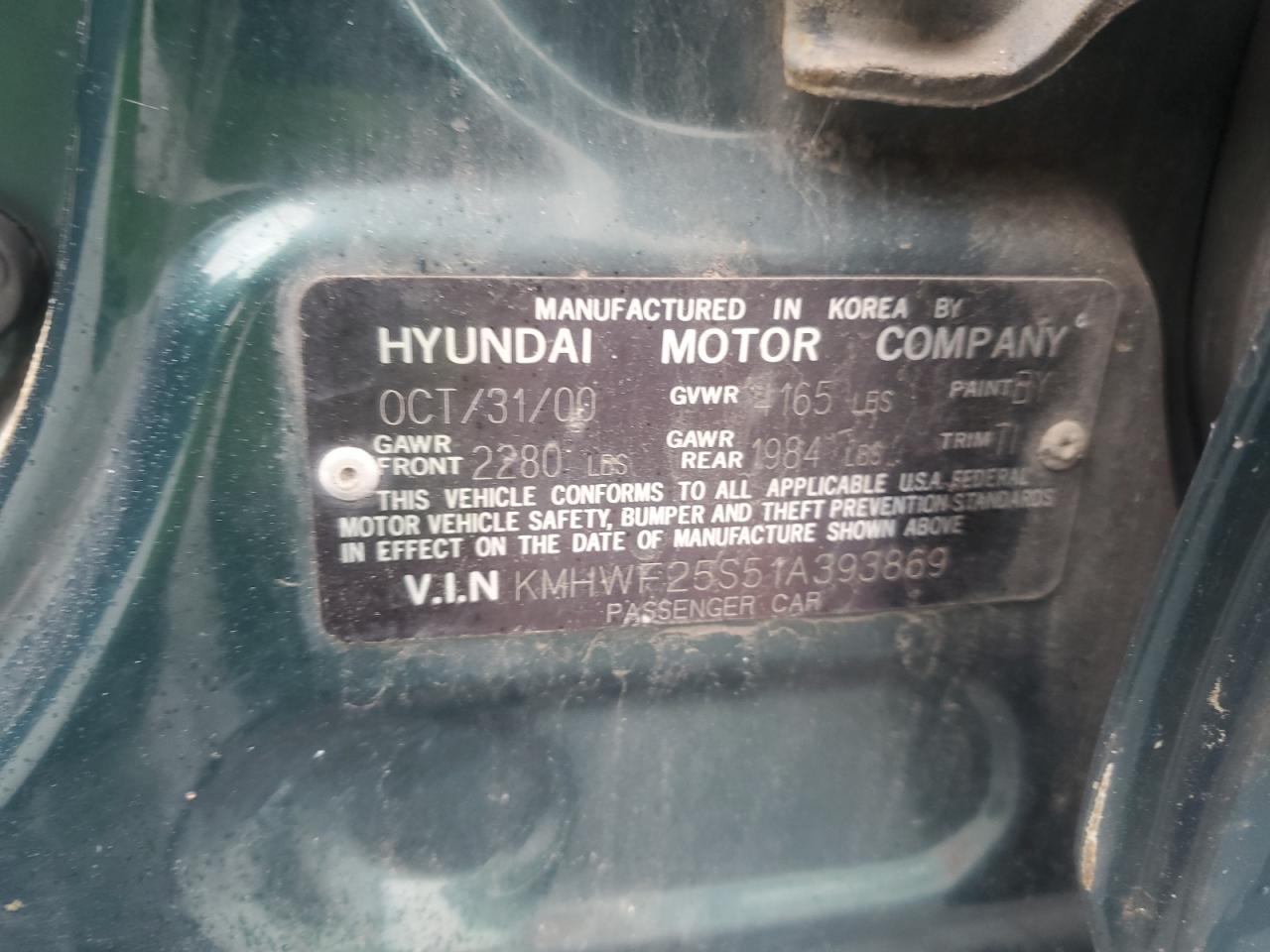 2001 Hyundai Sonata Gl VIN: KMHWF25S51A393869 Lot: 60881095